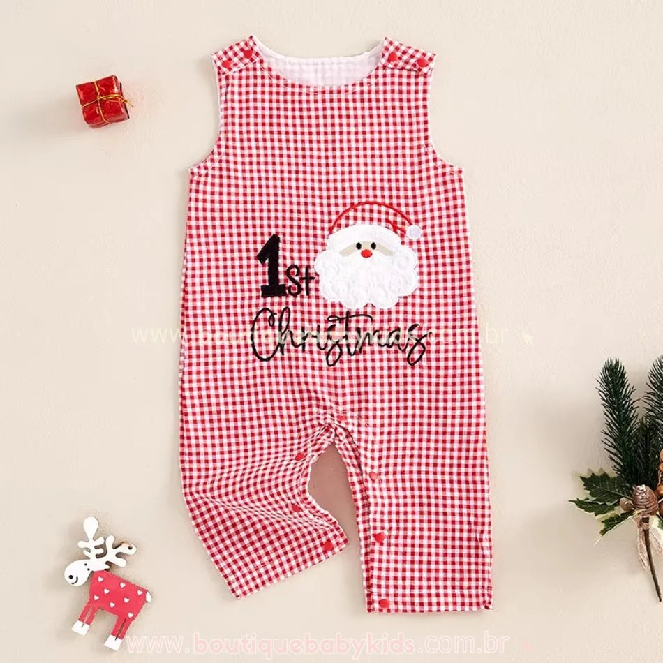 Macacão Bebê Primeiro Natal Papai Noel Xadrez Sem Manga - Boutique Baby Kids