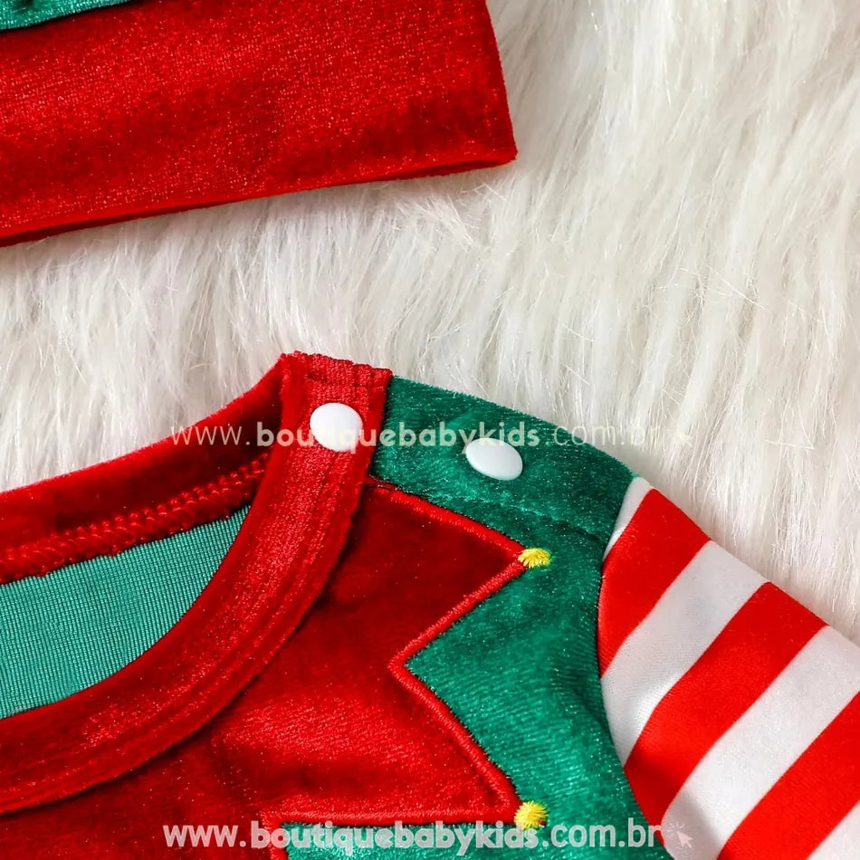 Macacão Bebê Temático Elfo Natalino com Gorro