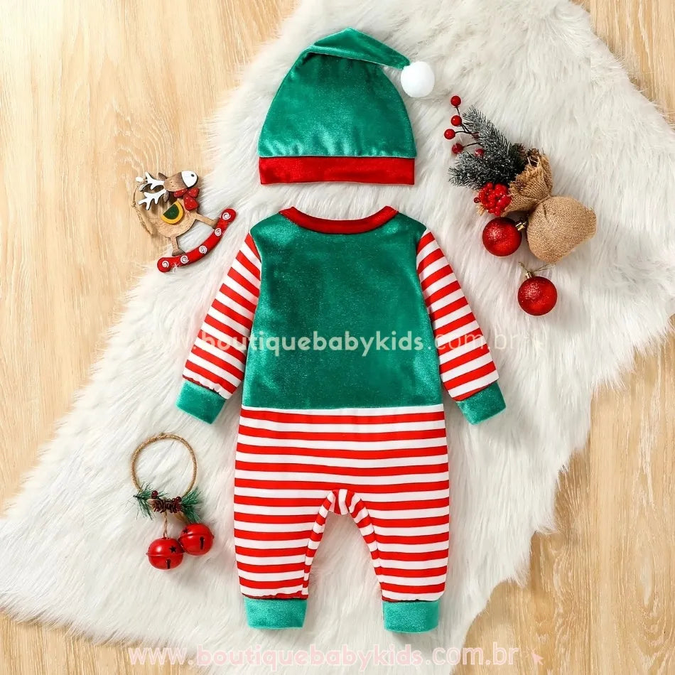 Macacão Bebê Temático Elfo Natalino com Gorro