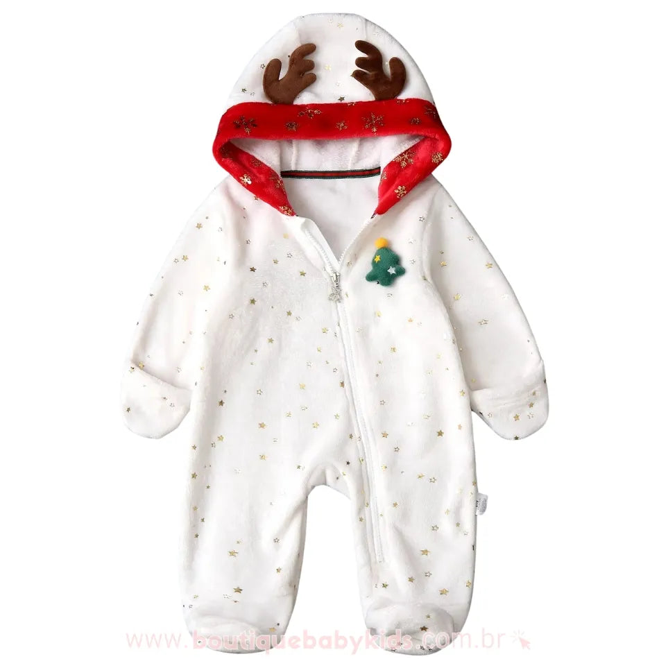 Macacão Bebê Temático de Natal com Chifrinhos Árvore de Natal Branco - Boutique Baby Kids