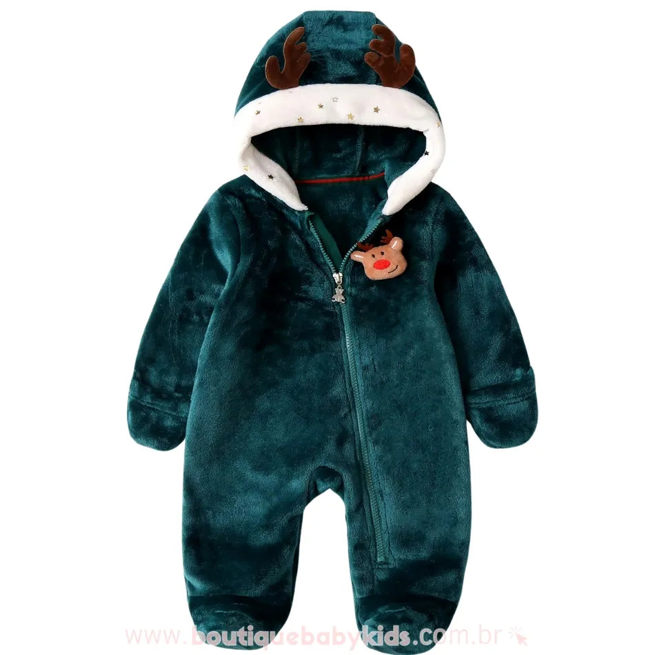 Macacão Bebê Temático de Natal com Chifrinhos Rena Verde - Boutique Baby Kids