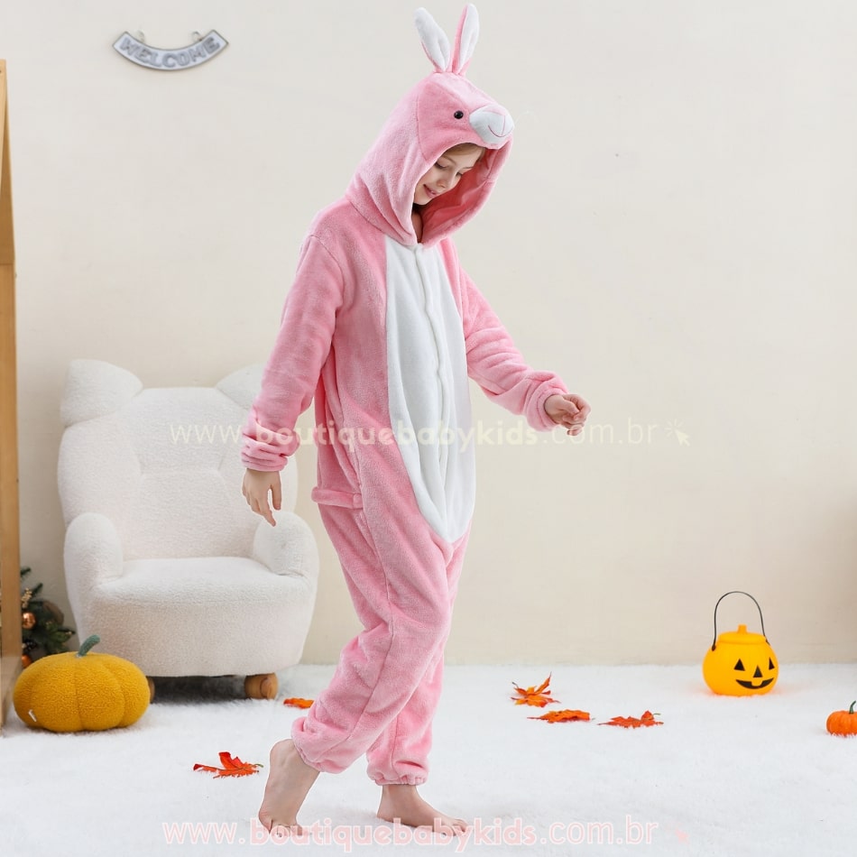 Macacão Infantil Fantasia Kigurumi Bichinho Coelhinha Rosa - Boutique Baby Kids