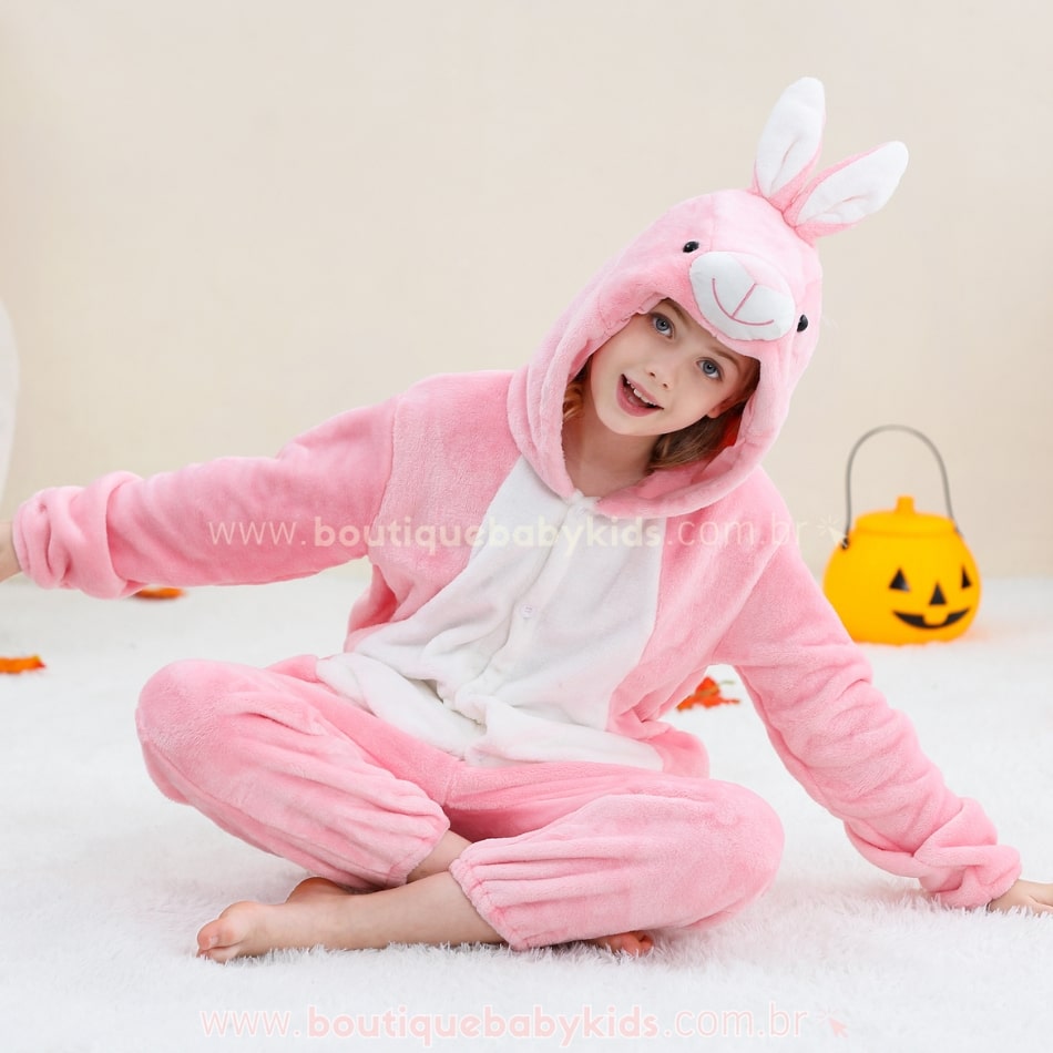 Macacão Infantil Fantasia Kigurumi Bichinho Coelhinha Rosa - Boutique Baby Kids