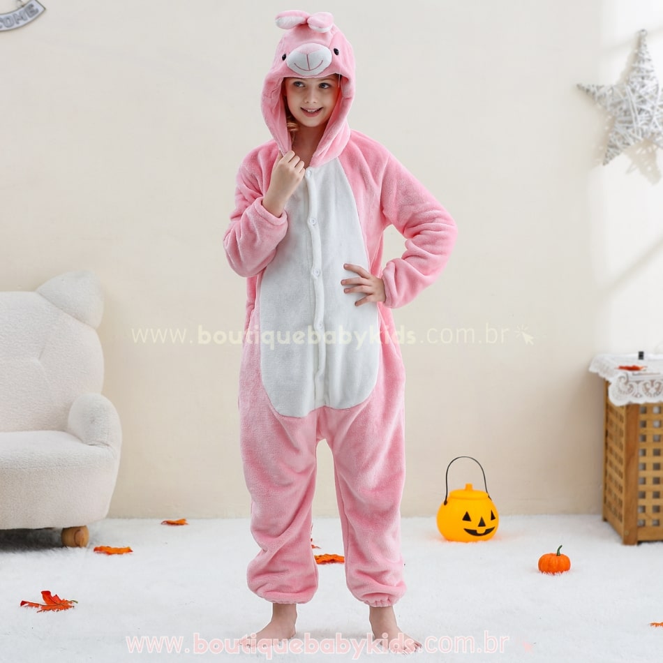 Macacão Infantil Fantasia Kigurumi Bichinho Coelhinha Rosa - Boutique Baby Kids