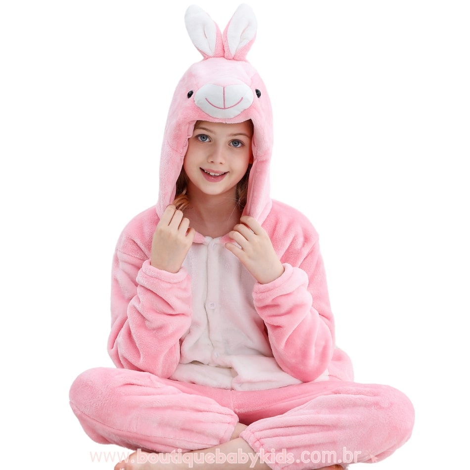 Macacão Infantil Fantasia Kigurumi Bichinho Coelhinha Rosa - Boutique Baby Kids