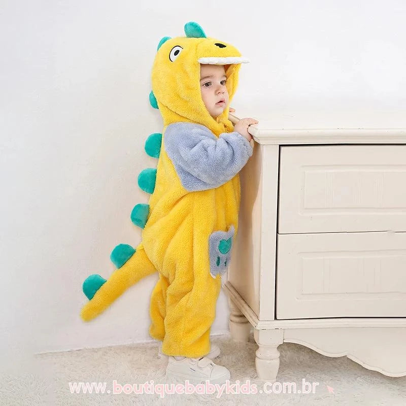 Macacão Bebê Fantasia Bichinho Dinossauro Amarelo - Boutique Baby Kids 