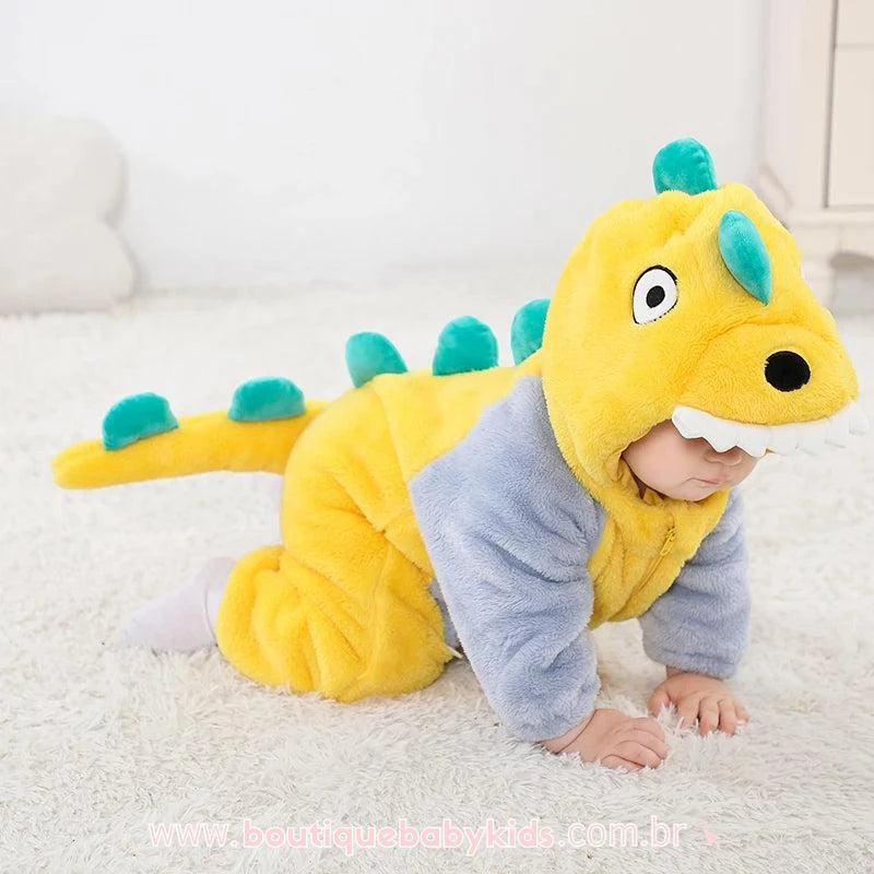 Macacão Bebê Fantasia Bichinho Dinossauro Amarelo - Boutique Baby Kids 