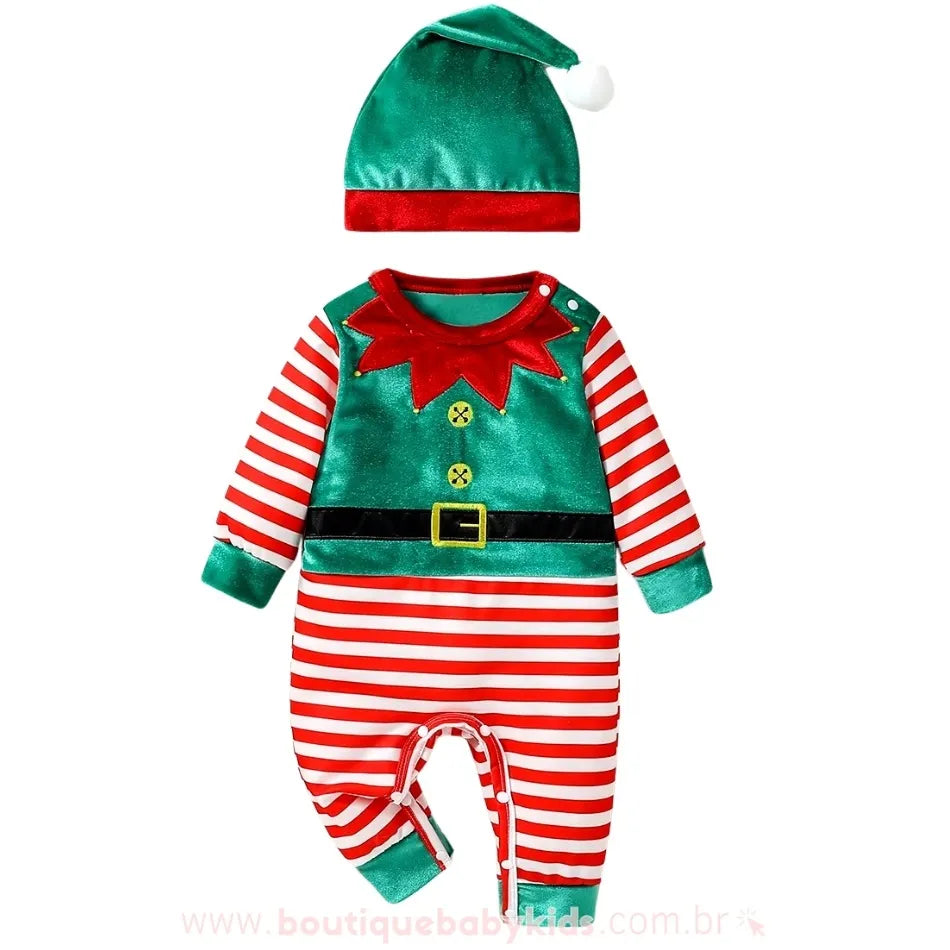 Macacão Bebê Temático Fantasia Elfo Natalino com Gorro - Boutique Baby Kids
