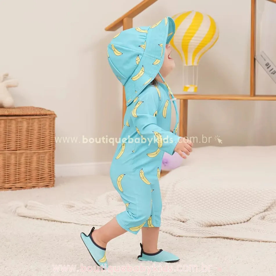 Macacão de Praia Infantil Bananas com Chapéu Azul - Boutique Baby Kids 
