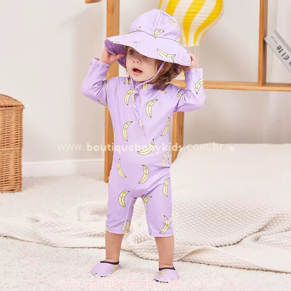 Macacão de Praia Infantil Bananas com Chapéu Lilás - Boutique Baby Kids 