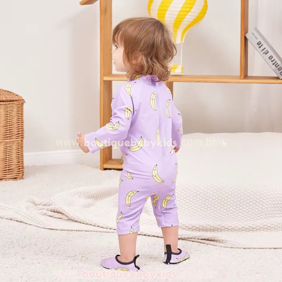 Macacão de Praia Infantil Bananas com Chapéu Lilás - Boutique Baby Kids 