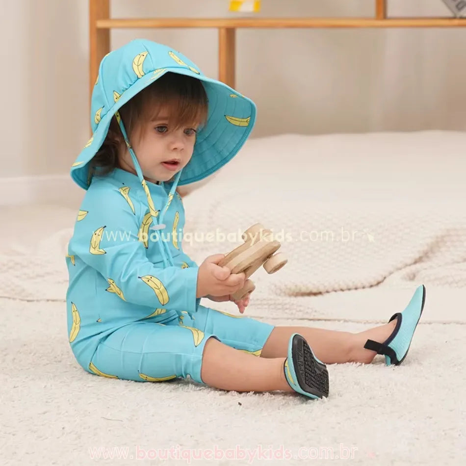 Macacão de Praia Infantil Bananas com Chapéu Azul - Boutique Baby Kids 