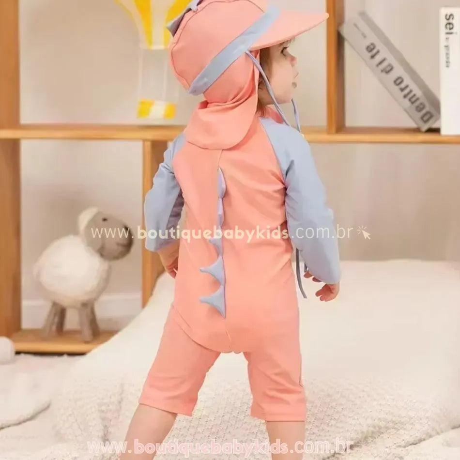 Macacão de Praia Infantil Dinossauro com Chapéu Rosa - Boutique Baby Kids 