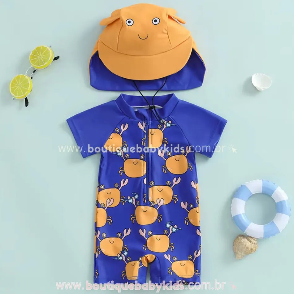 Macaquinho de Praia Bebê Caranguejo Aventureiro com Chapéu - Boutique Baby Kids