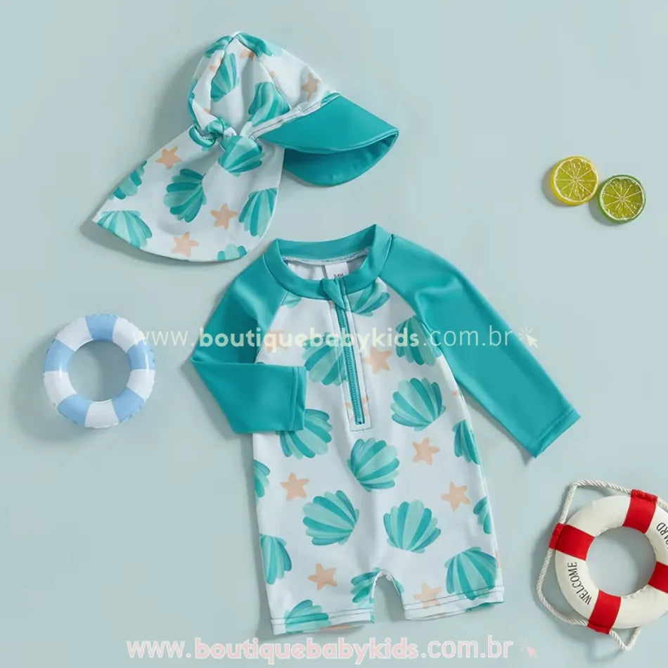 Macaquinho de Praia Conchinhas com Chapéu Azul - Boutique Baby Kids