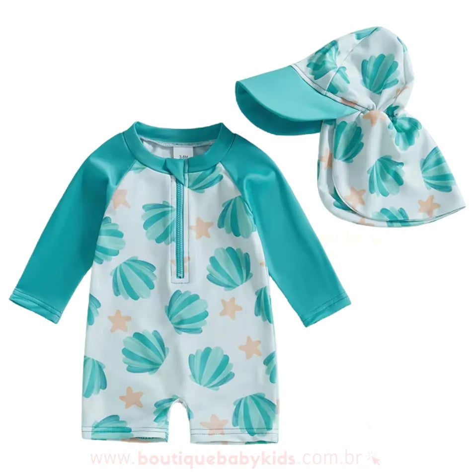 Macaquinho de Praia Conchinhas com Chapéu Azul - Boutique Baby Kids