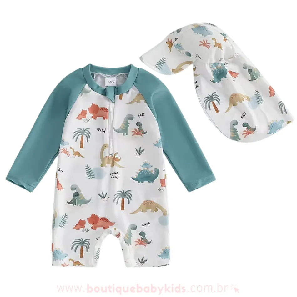 Macaquinho de Praia Infantil  Mundo Jurássico Dinossauros com Chapéu - Boutique Baby Kids