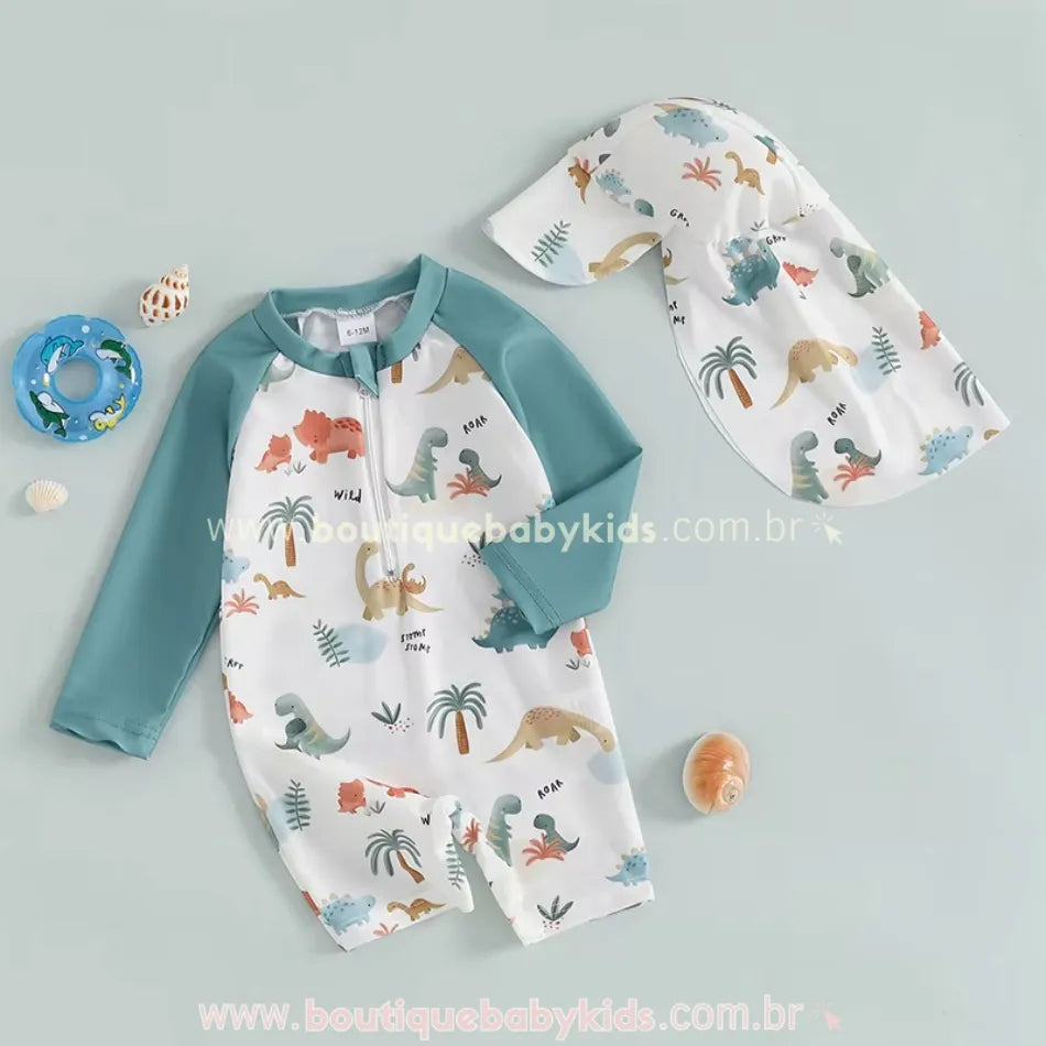 Macaquinho de Praia Infantil  Mundo Jurássico Dinossauros com Chapéu - Boutique Baby Kids