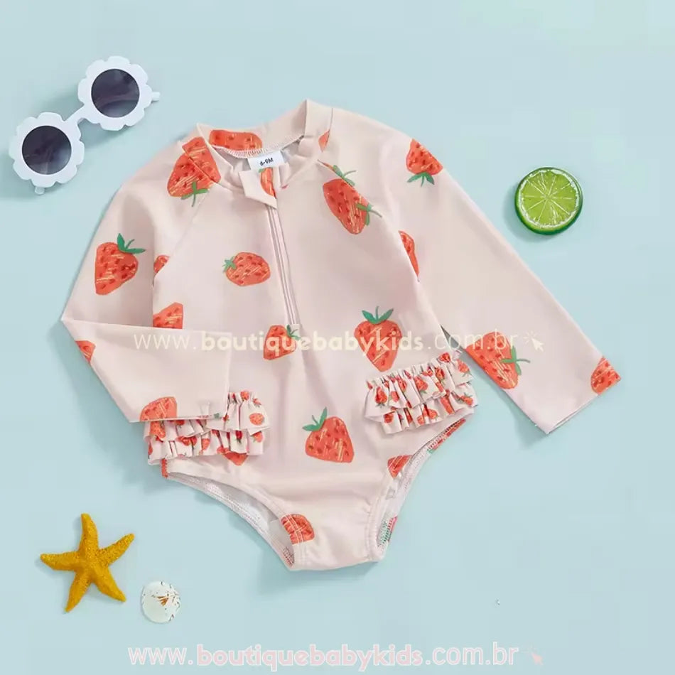 Maiô Bebê Estampa Moranguinhos Manga Longa - Boutique Baby Kids