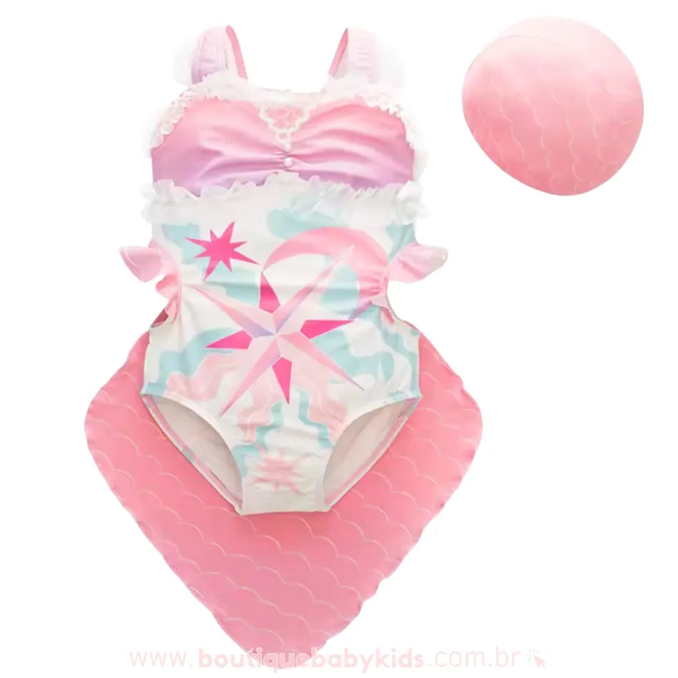 Maiô Infantil Princesa Sereia com Cauda e Touca Rosa - Boutique Baby Kids