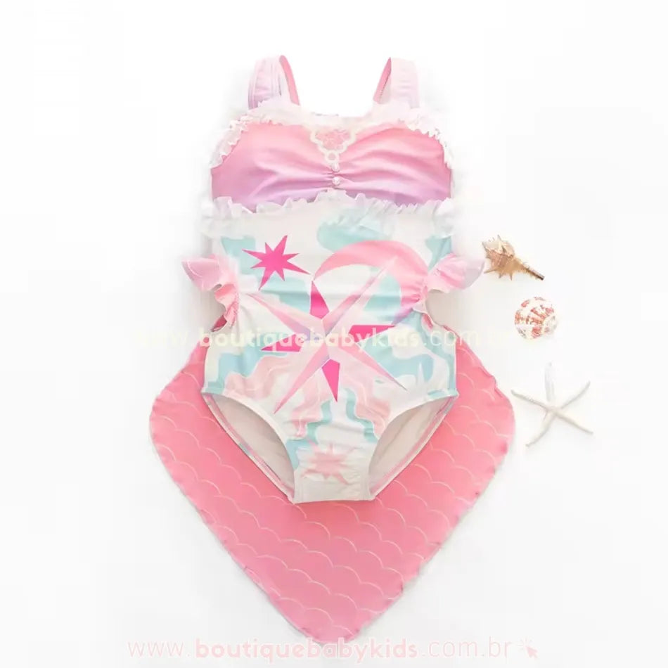 Maiô Infantil Princesa Sereia com Cauda e Touca Rosa - Boutique Baby Kids
