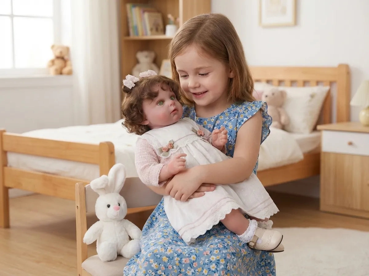 Menina sorrindo segurando a Boneca Bebê Reborn Stella no colo em um quarto infantil, demonstrando o tamanho real e o realismo da boneca comparada a uma criança.