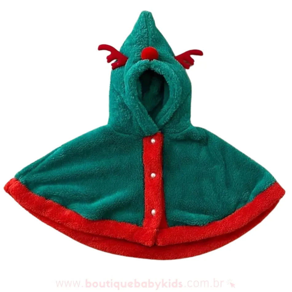 Poncho Natalino Peluciado Capuz de Rena Verde - Boutique Baby Kids