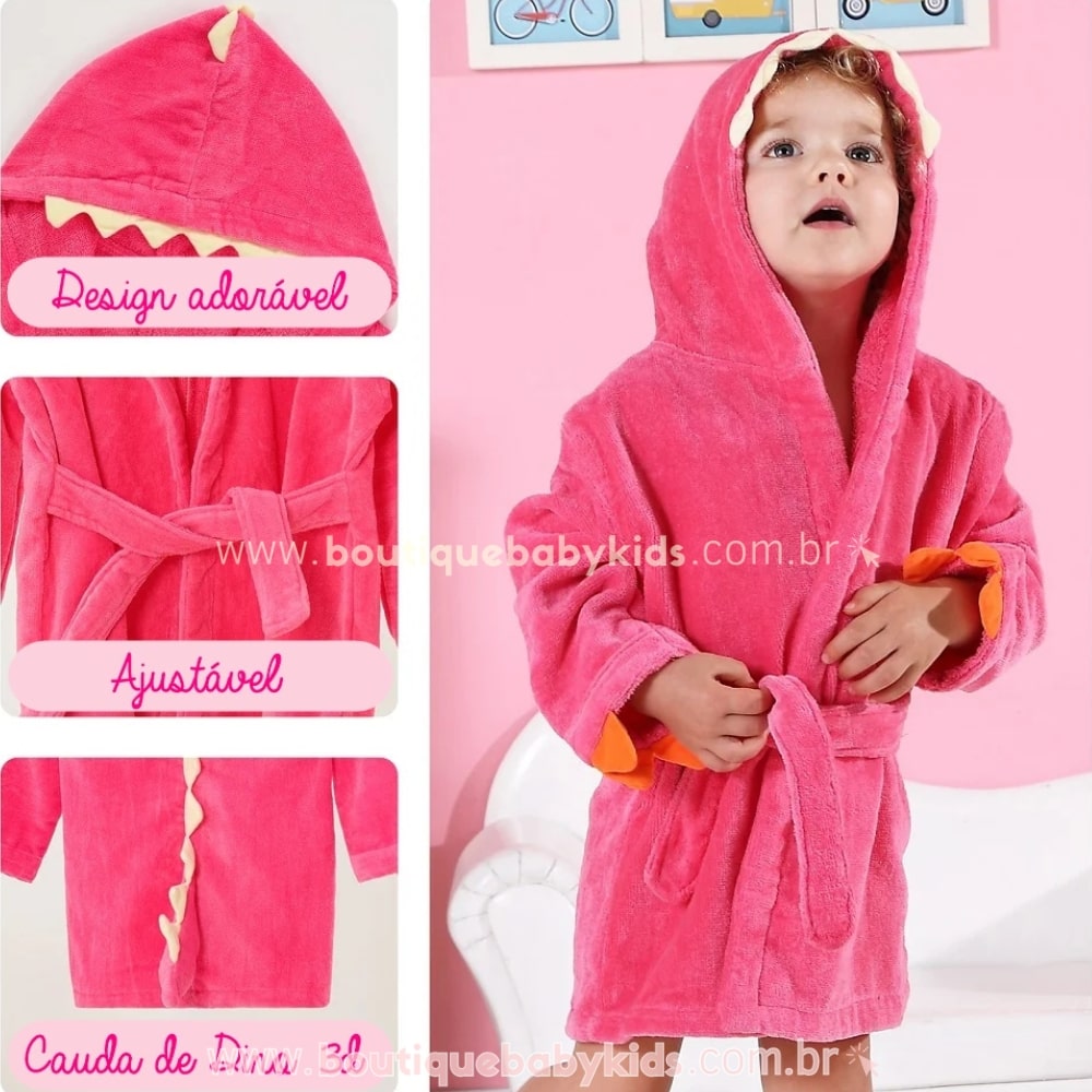 Roupão Infantil Divertido Dinossauro Rosa Pink - Boutique Baby Kids 