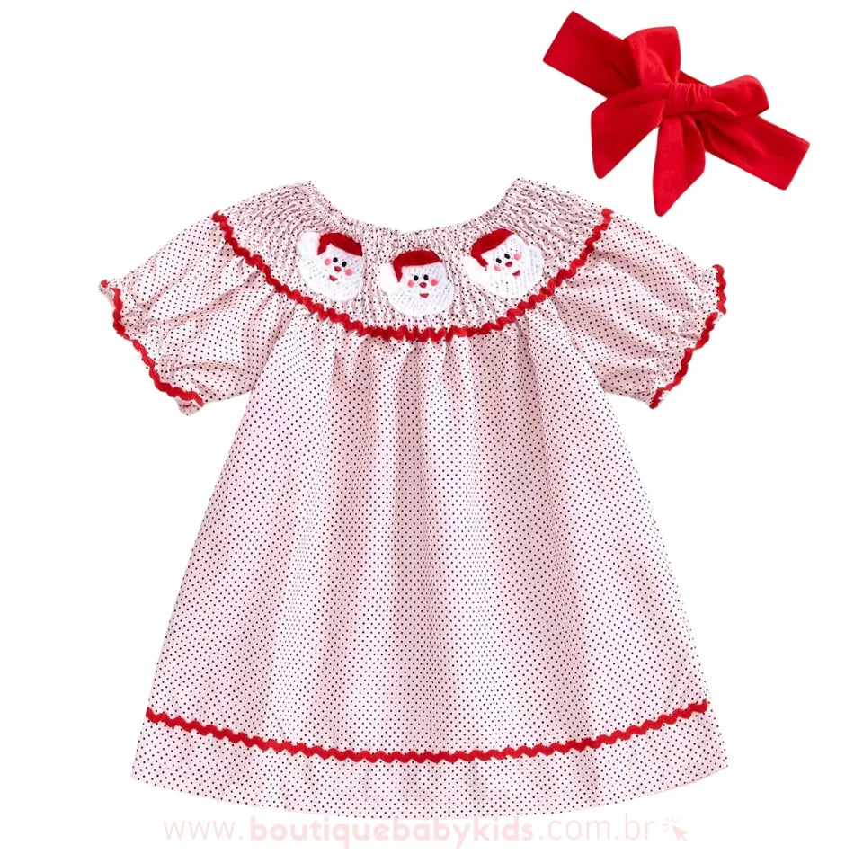 Vestido Bebê Bordado Papai Noel com Faixa
