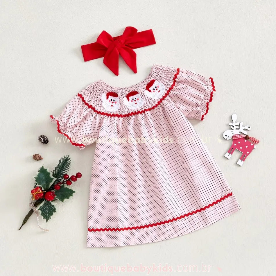 Vestido Bebê Bordado Papai Noel com Faixa