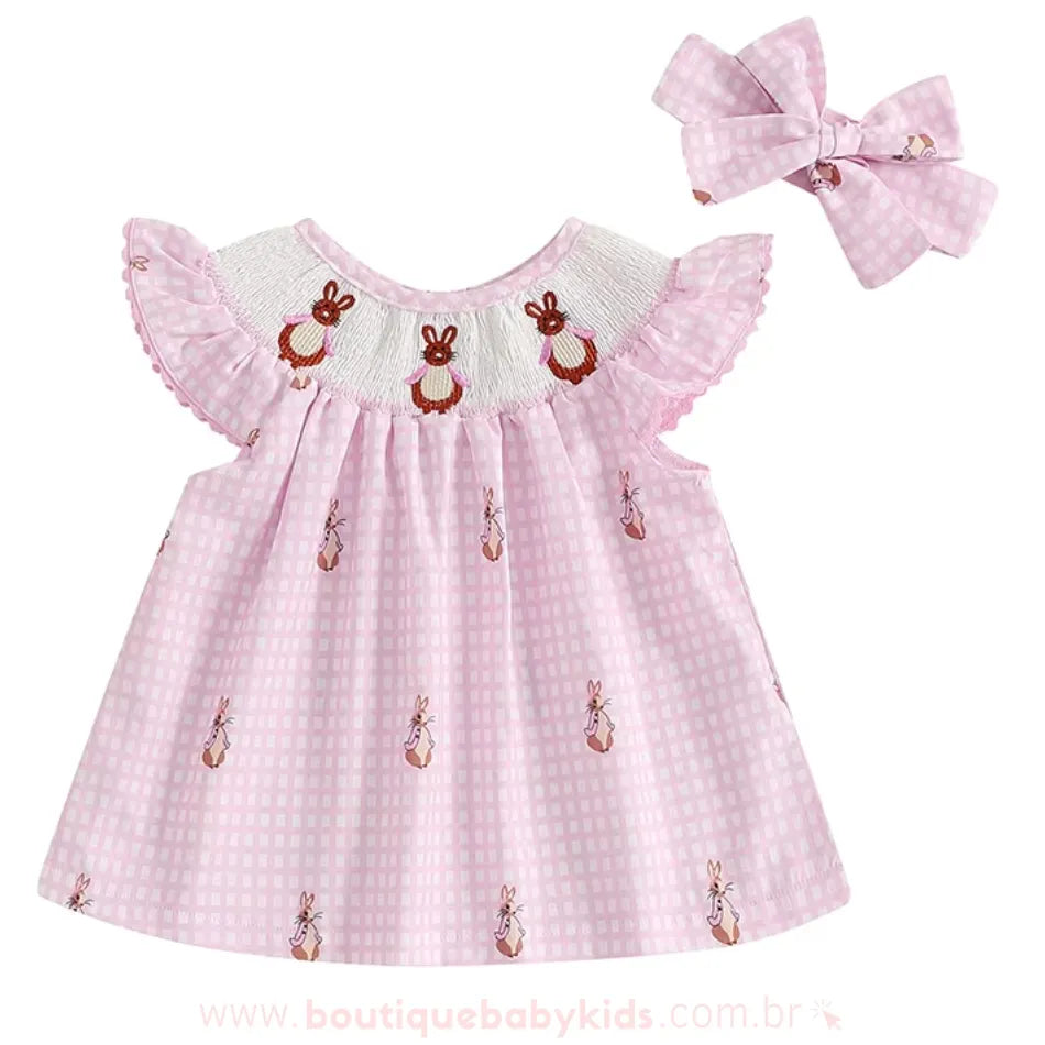 Vestido Bebê Bordado de Coelhinhos Rosa com Faixa - Boutique Baby Kids