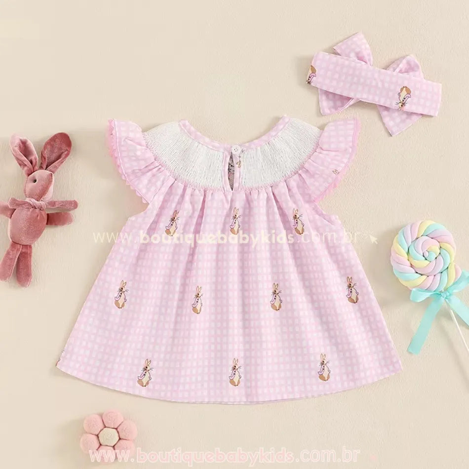 Vestido Bebê Bordado de Coelhinhos