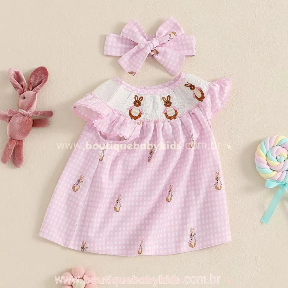 Vestido Bebê Bordado de Coelhinhos Rosa com Faixa - Boutique Baby Kids