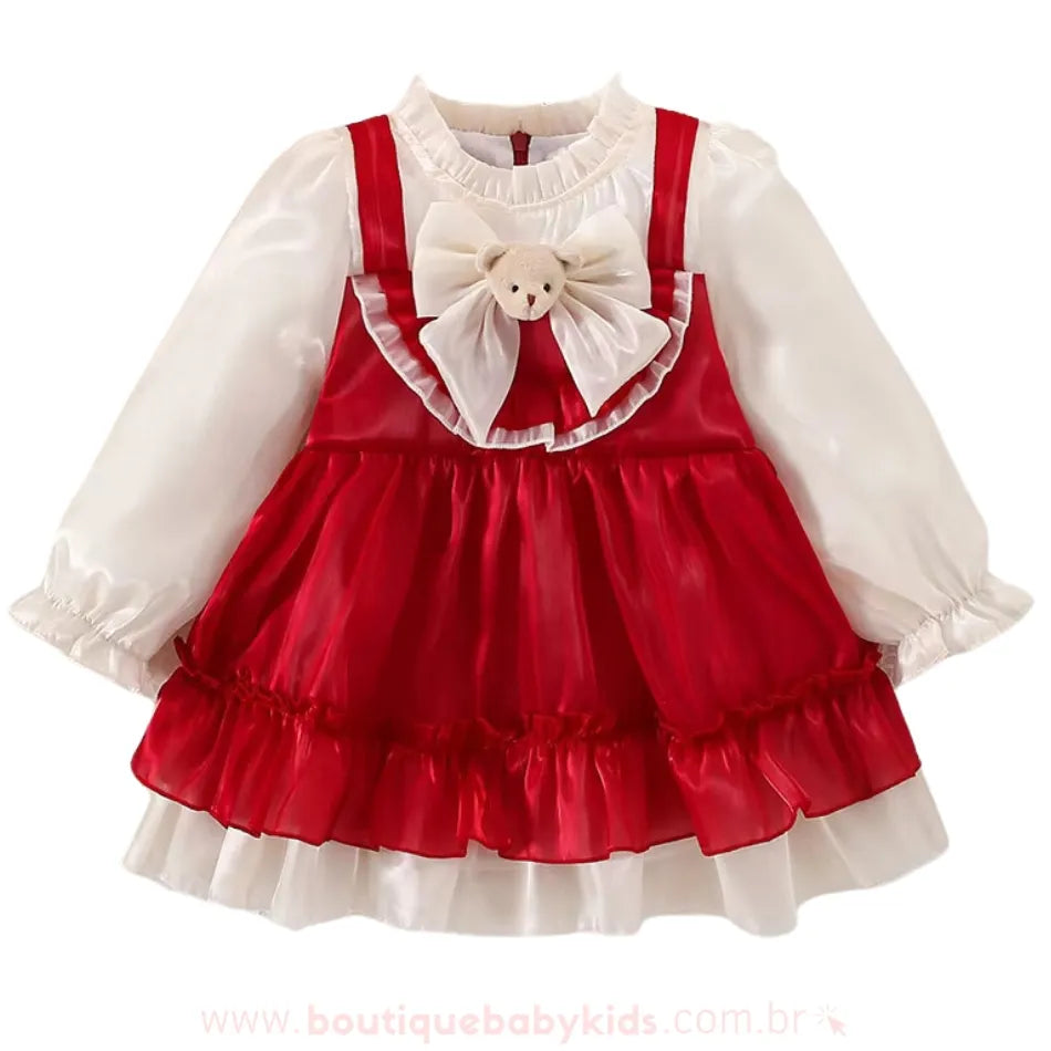 Vestido Bebê Encanto Ursinha com Laço Vermelho - Boutique Baby Kids 