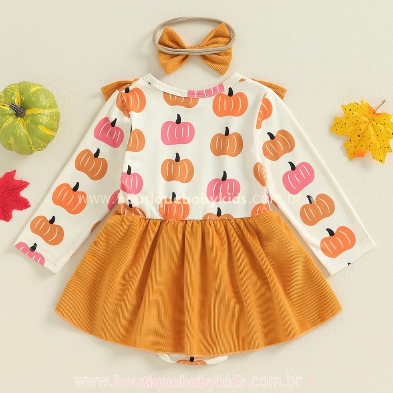 Vestido Bebê Estampa Abóbora com Faixa
