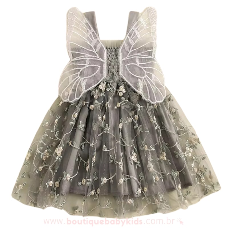 Vestido Bebê Bordado Flores Tule com Asinhas Cinza - Boutique Baby Kids 