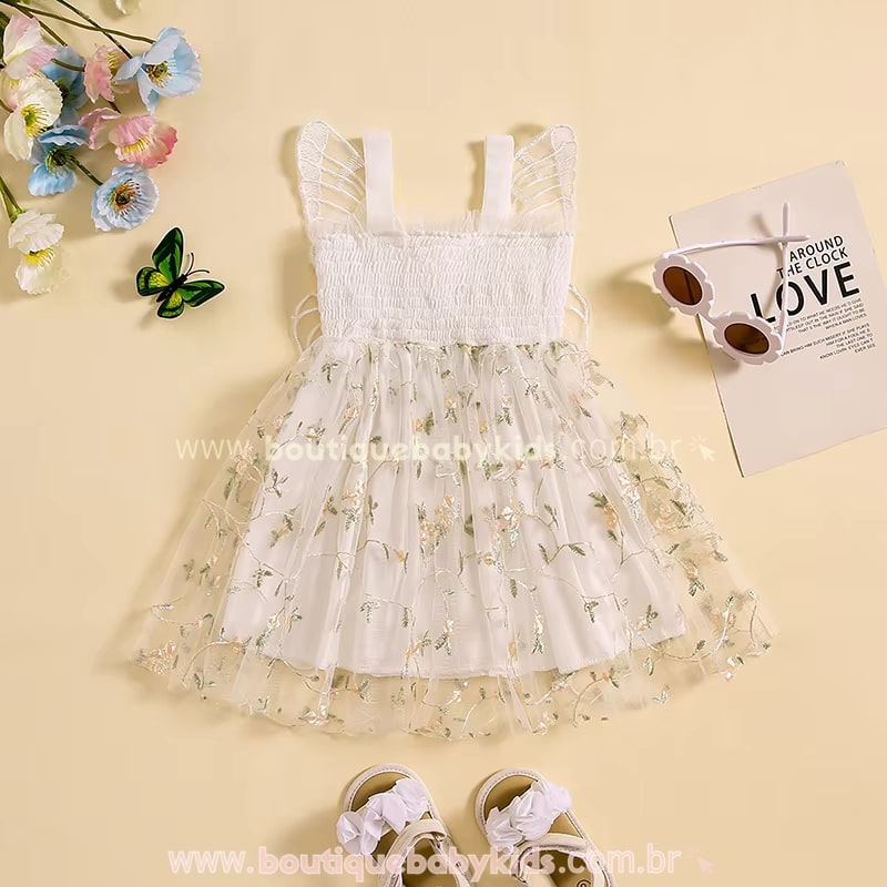 Vestido Bebê Bordado Flores Tule com Asinhas Branco - Boutique Baby Kids 