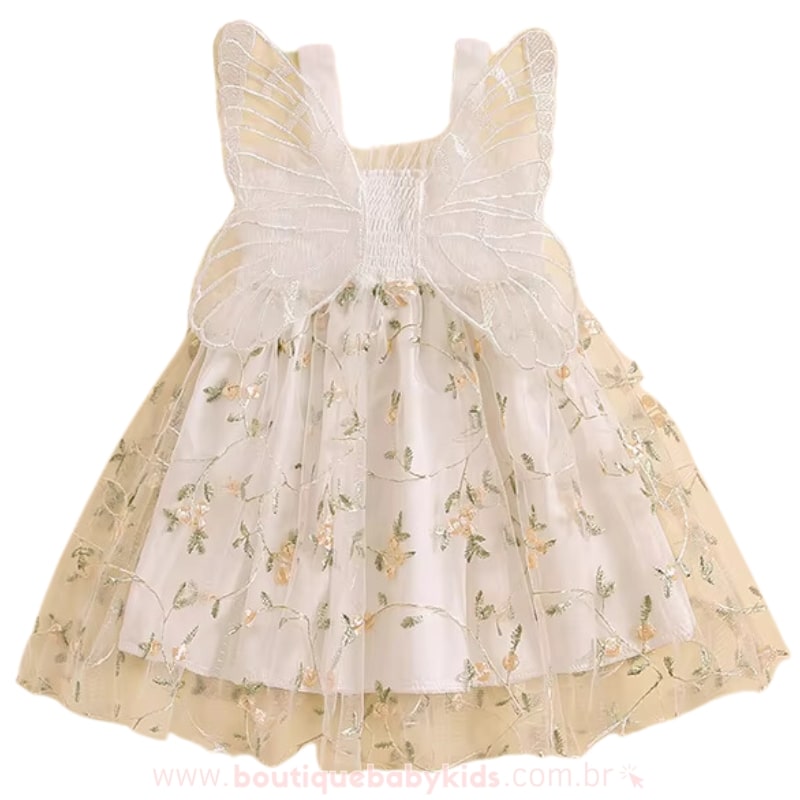 Vestido Bebê Bordado Flores Tule com Asinhas Branco - Boutique Baby Kids 