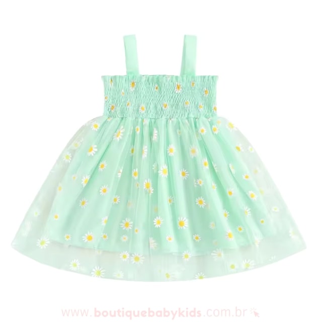 Vestido Bebê Lastex Tule Margaridas Verde - Boutique Baby Kids 