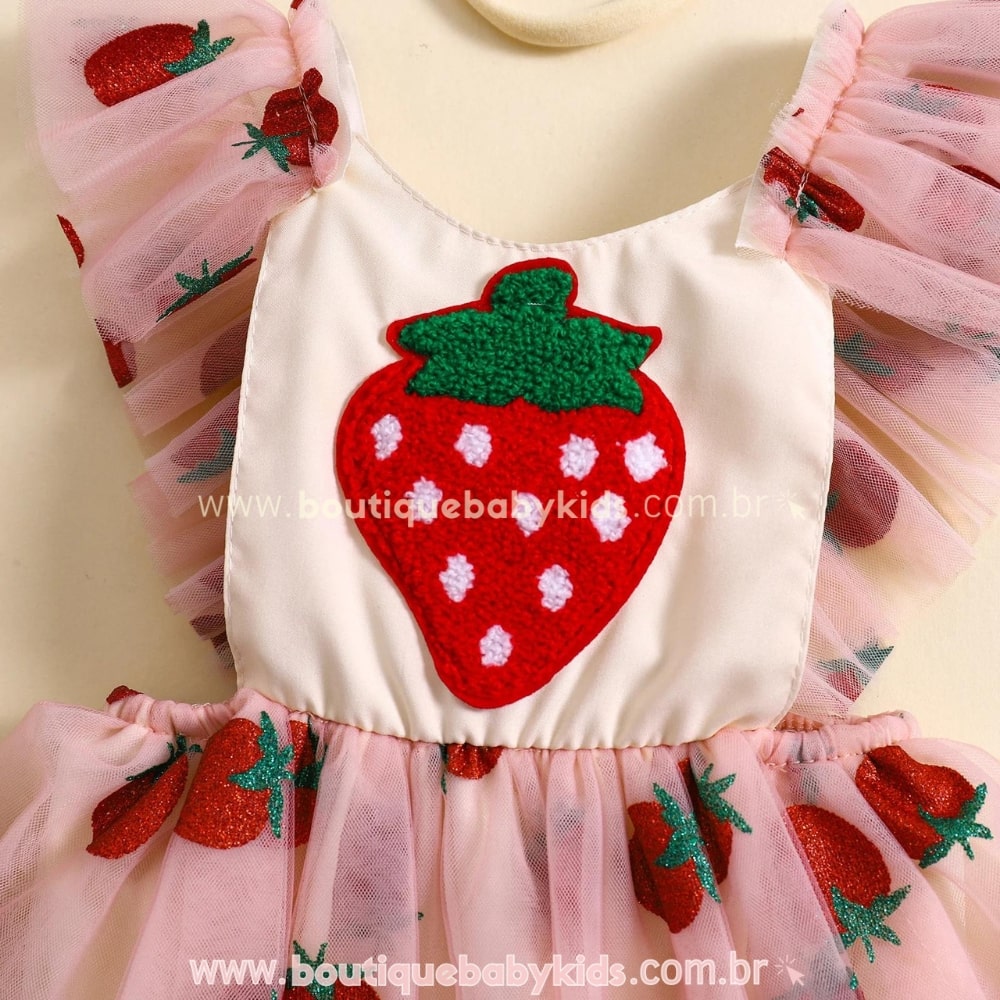 Vestido Bebê Moranguinho Tule Rosa
