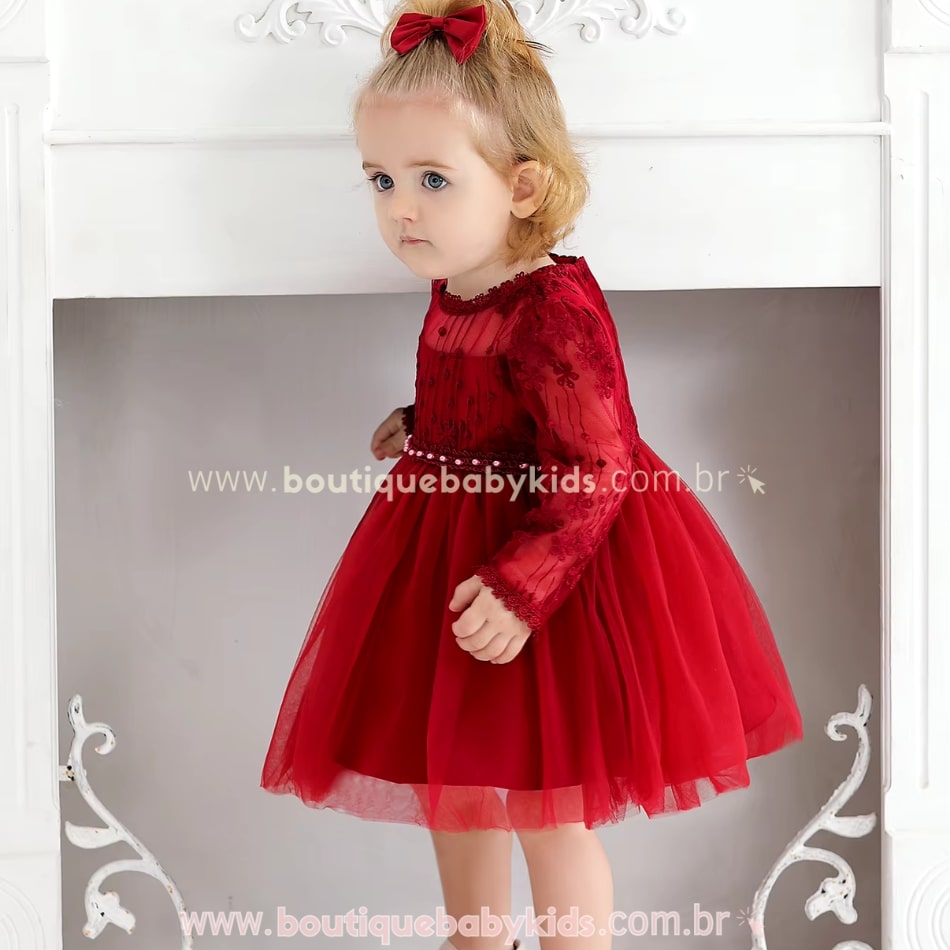Vestido Bebê Renda Bordeaux com Tule Luxo - Boutique Baby Kids