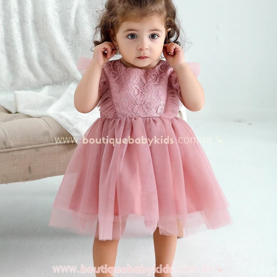 Vestido Bebê Rendado Rosa com Tule - Boutique Baby Kids