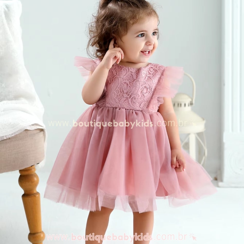 Vestido Bebê Rendado Rosa com Tule - Boutique Baby Kids