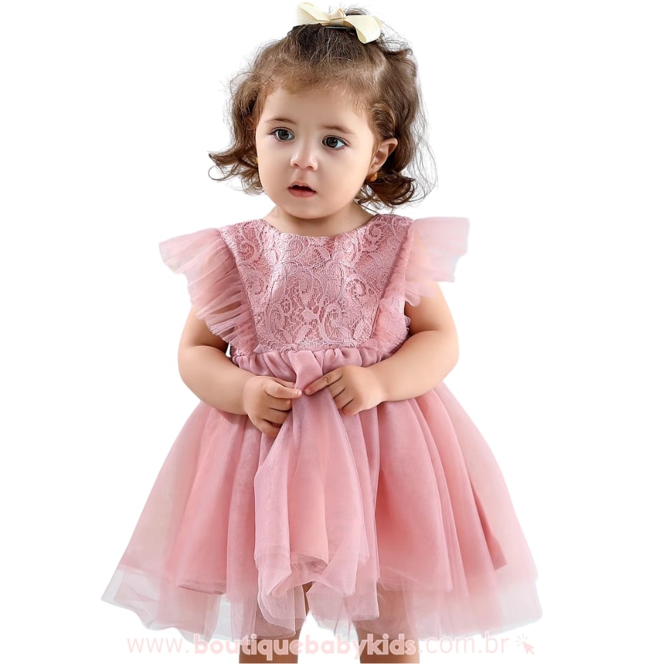 Vestido Bebê Rendado Rosa com Tule - Boutique Baby Kids