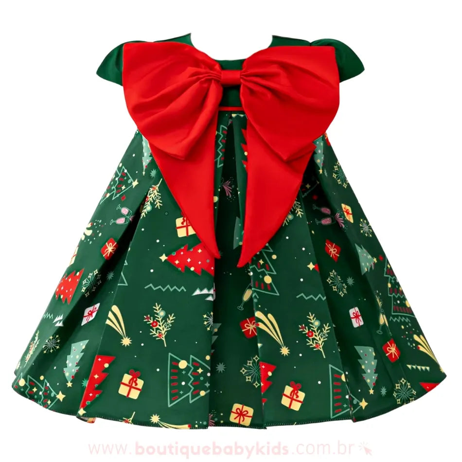 Vestido Temático de Natal com Laço Vermelho