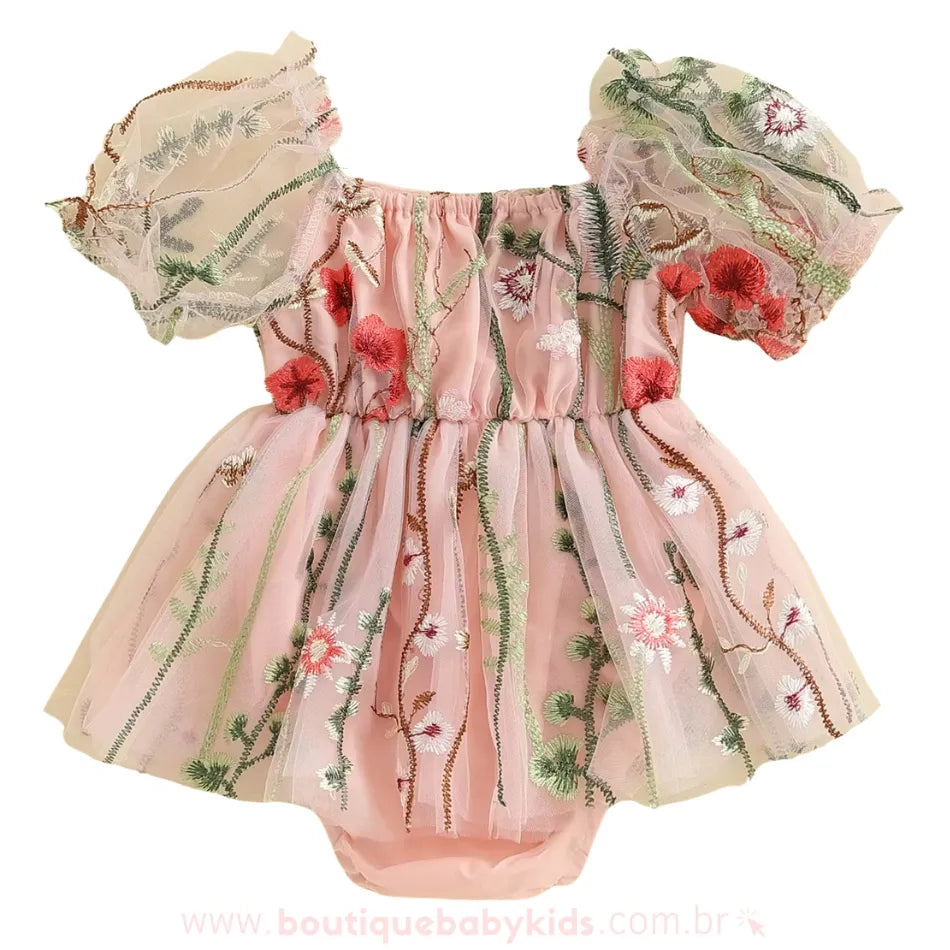 Vestido Bebê Tule Bordado Encanto das Flores Rosa Jardim Encantado - Boutique Baby Kids 