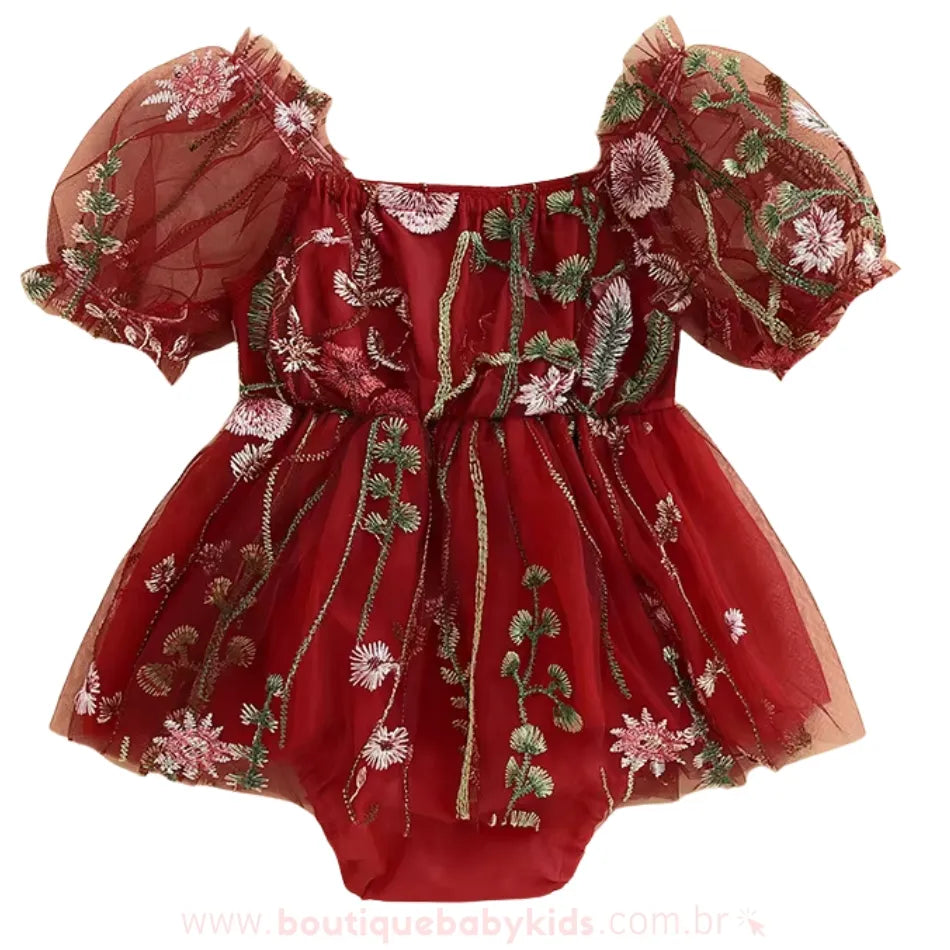 Vestido Bebê Tule Bordado Encanto das Flores Vermelho Jardim Encantado - Boutique Baby Kids 