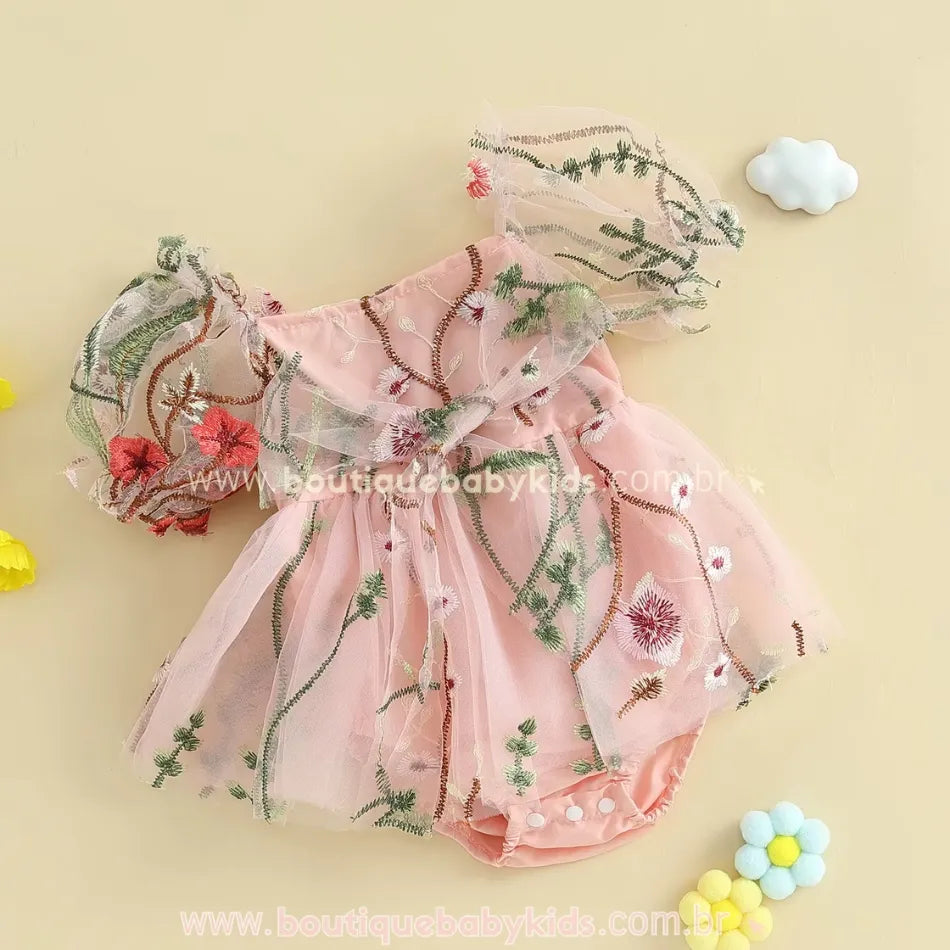 Vestido Bebê Tule Bordado Encanto das Flores Rosa Jardim Encantado - Boutique Baby Kids 