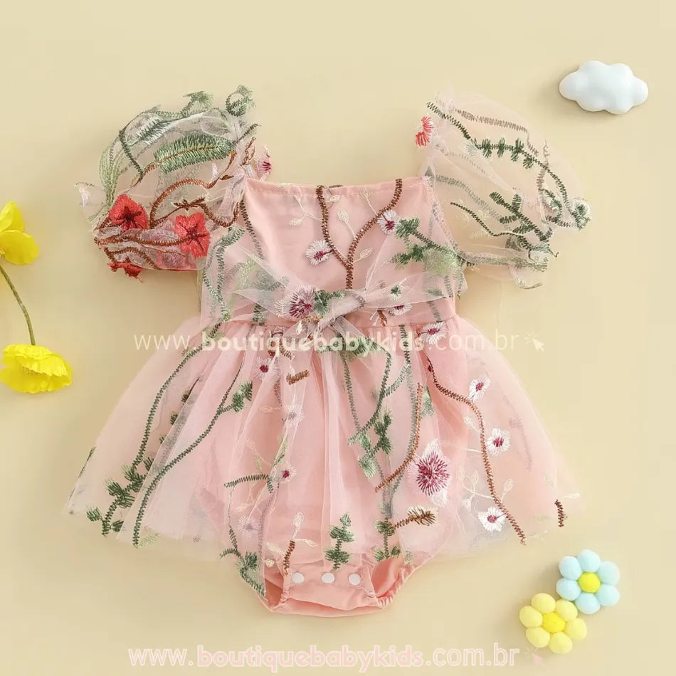 Vestido Bebê Tule Bordado Encanto das Flores Rosa Jardim Encantado - Boutique Baby Kids 