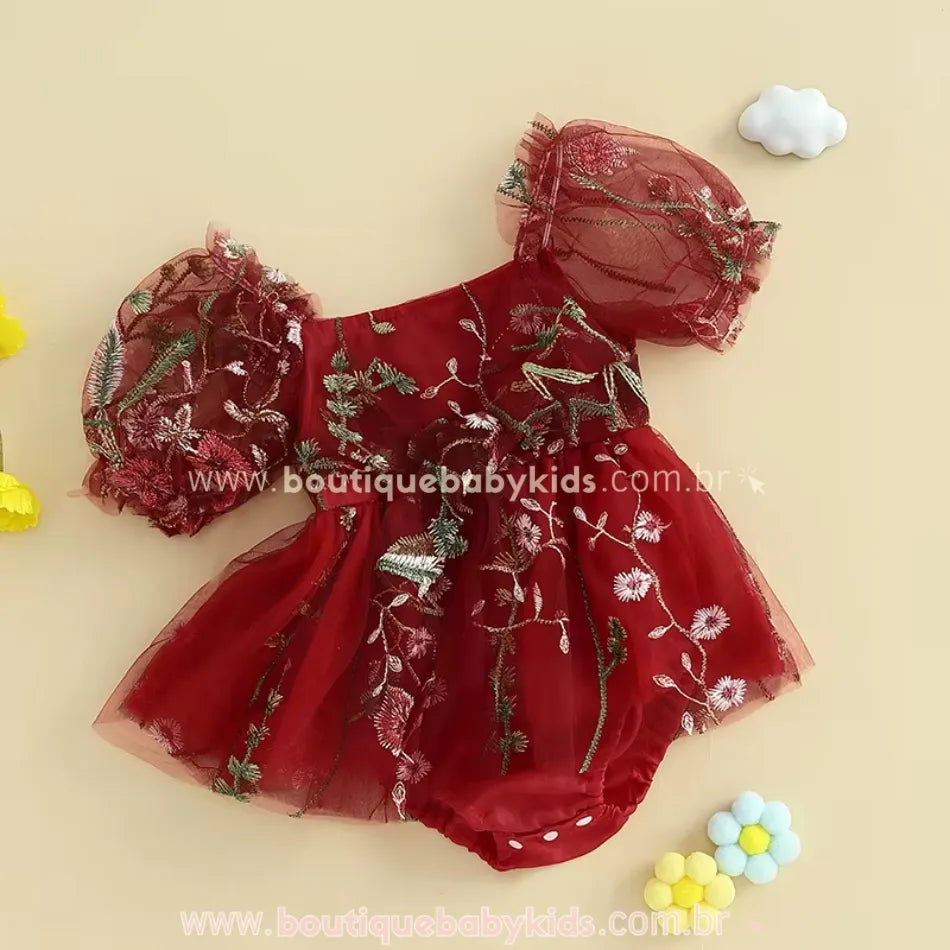 Vestido Bebê Tule Bordado Encanto das Flores Vermelho Jardim Encantado - Boutique Baby Kids 